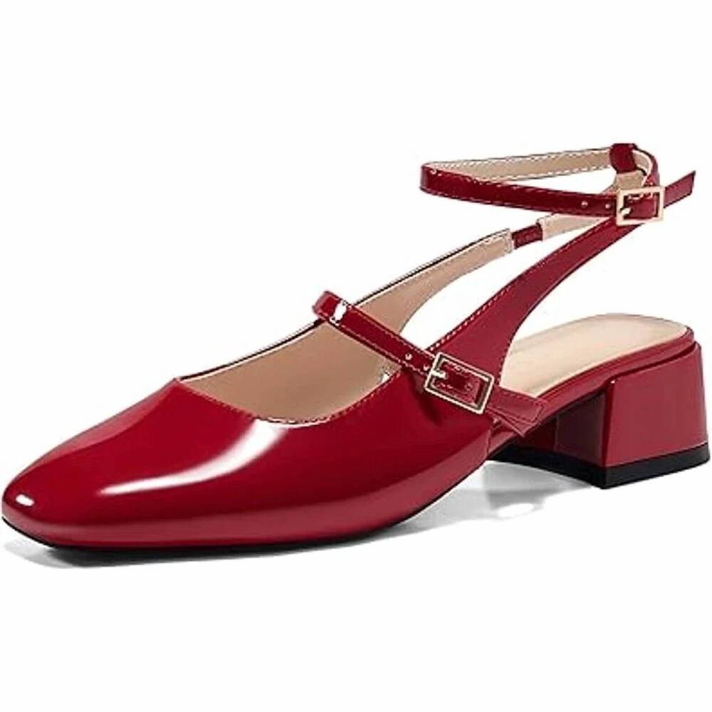 NEW COUTGO women's mary jane chunky low heel shoes in shiny red
